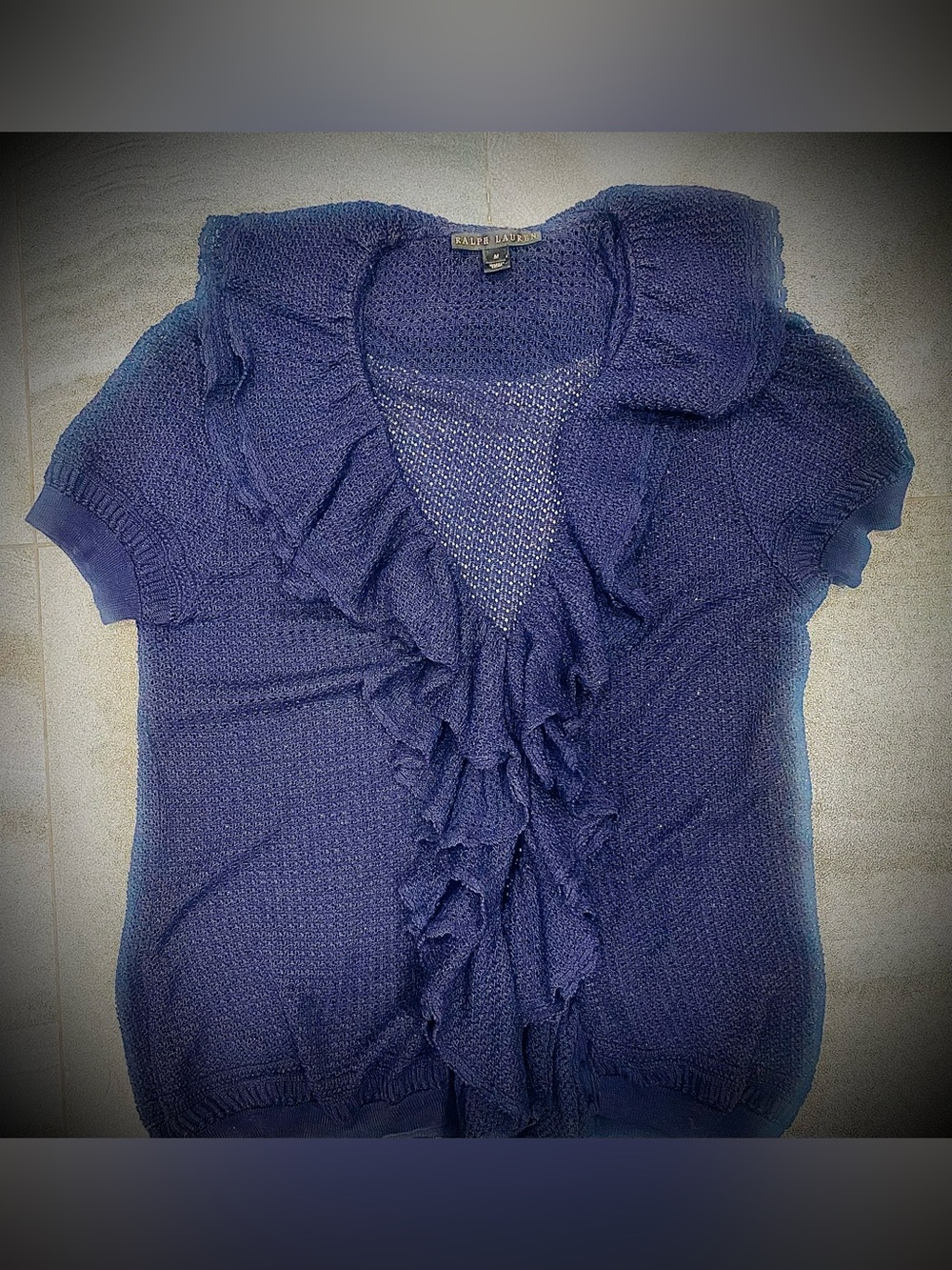 Ralph Lauren Navy Openwork Knit Short Sleeve Top Sz M NWOT